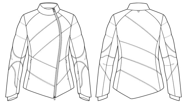 flat vector technical drawing of women diagonal winter jacket