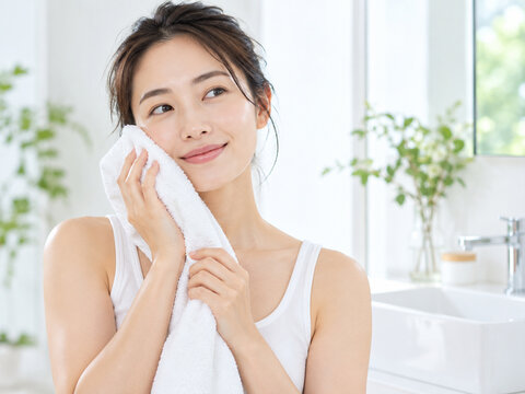 タオルで顔をやさしく押さえる洗顔後の女性の清潔感あるスキンケアイメージ
