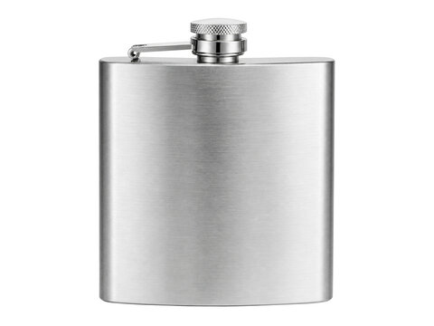 Stainless steel pocket flask for carrying liquor with a secure screw cap closure isolated against clean white background showing polished metallic sheen and classic rectangular curved body shape desig