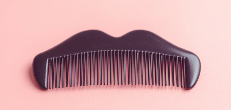 Black comb shaped like lips lying on a soft pink surface. Concept of beauty, hair care, style, and fashion accessories