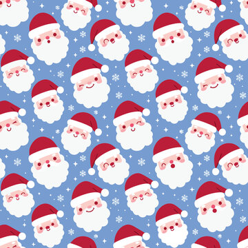 Adorable Christmas seamless pattern featuring smiling Santa Claus faces with red hats, white beards and snowflakes on a pastel blue background