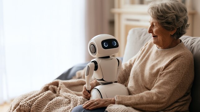 Wide banner photograph of a small white care robot beside a smiling elderly woman on a sofa, positioned on the right in a bright living room.