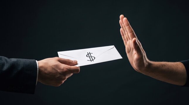 Hand in a business suit offering a white envelope with a dollar sign, while another hand shows a stop gesture, representing refusal of bribery, anti-corruption and business ethics