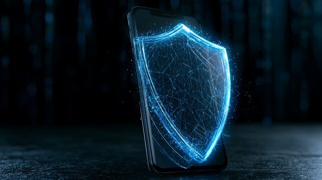 > A mobile phone showcases digital security and data protection, representing a concept for cybersecurity and online safety measures