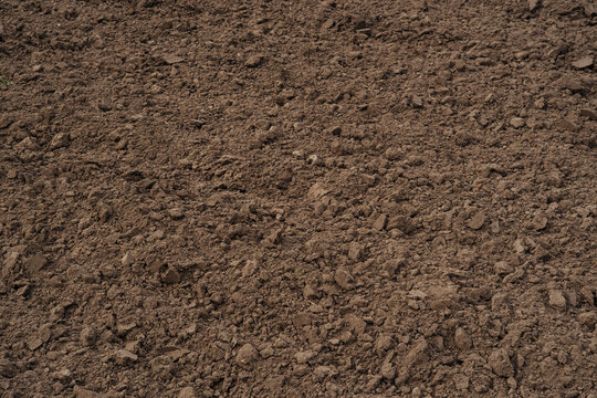 Loose dark soil with small clods and pebbles filling the entire frame