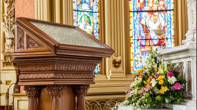 Church Podium Surrounded by Floral Arrangements with Stained Glass Window Lighting