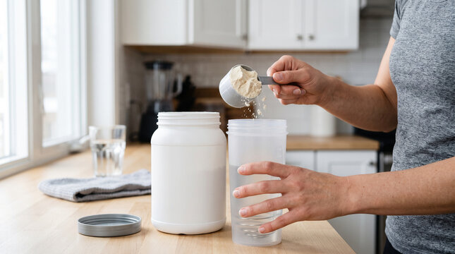 Woman measuring protein powder into a shaker in a bright kitchen  