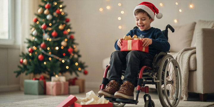 A smiling boy in a wheelchair and a Santa hat happily unwraps a Christmas gift next to a decorated tree