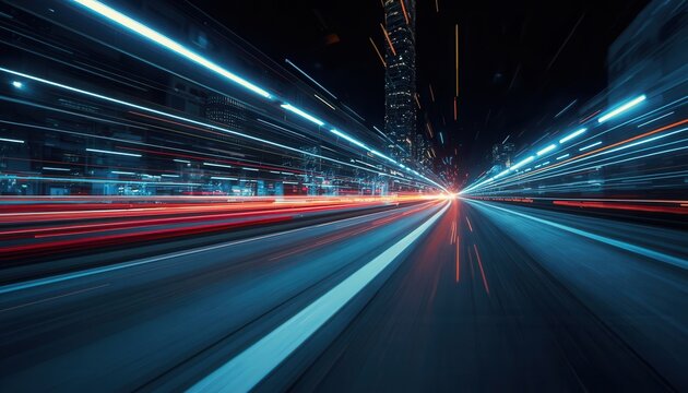 Speed of Light Cityscape: A surreal depiction of a city at night, with streaks of light suggesting rapid motion and advanced technology, creating a futuristic and dynamic visual experience.