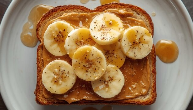 Peanut Butter Banana Toast with Honey Drizzle: A slice of toasted bread is generously spread with creamy peanut butter, topped with fresh banana slices.