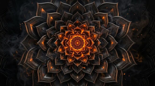 Glowing fire mandala flower with dark metallic petals and intense