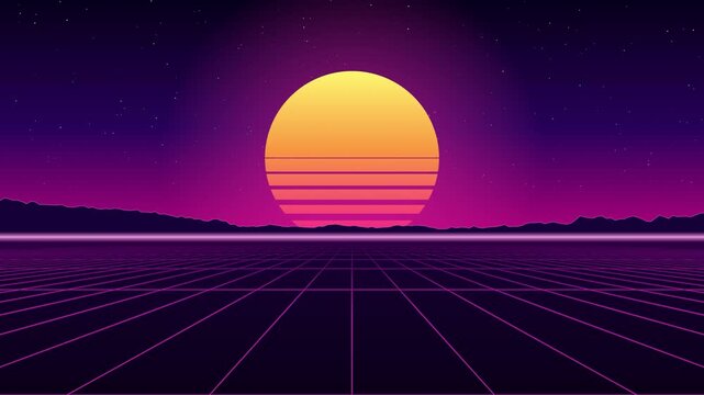 Retro synthwave background loop, neon sun, mountains and moving grid, 80s retrowave outrun style, 4K seamless motion