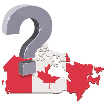 3D illustration symbolizing Canadian political future, economic uncertainty, social questions, national doubt, and identity dilemma with a question mark on Canada map (cut out)