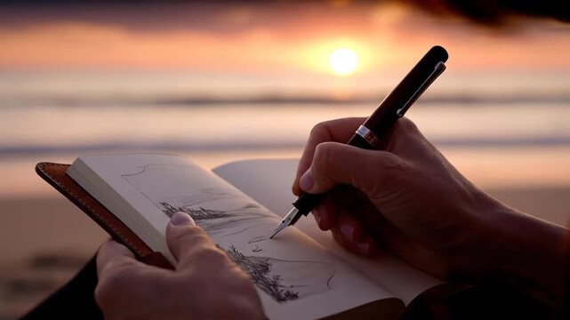 A person sketching a landscape on a notebook with a fountain pen by the beach during sunset
