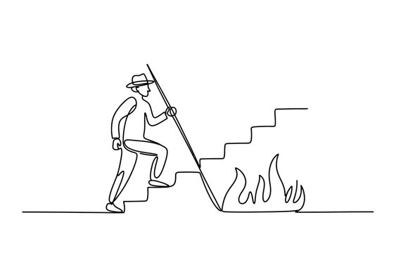Continuous single line drawing of a person wearing a hat walking up stairs with a long stick next to a fire