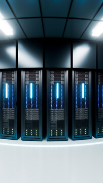 Server racks with blue led lights in a modern data center