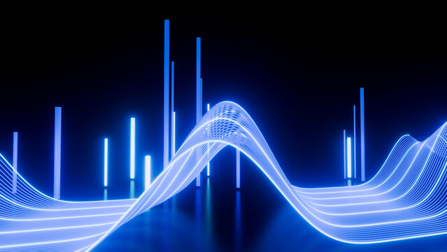 Blue glowing digital waves and neon bars in abstract design