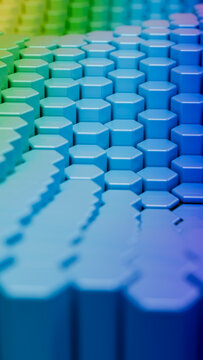 Hexagonal blue and green blocks forming abstract geometric pattern