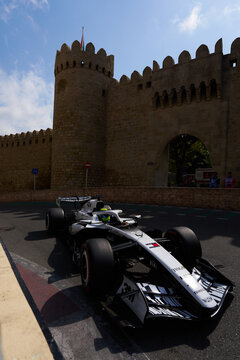 BAKU, AZERBAIJAN - SEPTEMBER 2026: Cadillac F1 Team race car navigates the narrow Old City castle section during the Azerbaijan Grand Prix