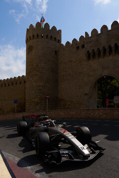 BAKU, AZERBAIJAN - SEPTEMBER 2026: Audi Revolut F1 Team car navigates the tight Old City castle section during the Azerbaijan Grand Prix
