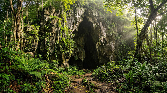 Sunlit limestone cave entrance surrounded by lush tropical rainforest, vines, ferns, and exposed roots