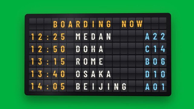 Mechanical Split-Flap Departure Board with Animated Flipping Tiles Displaying Flight Times and International Destinations like London, Paris, and Seoul against a Solid Green