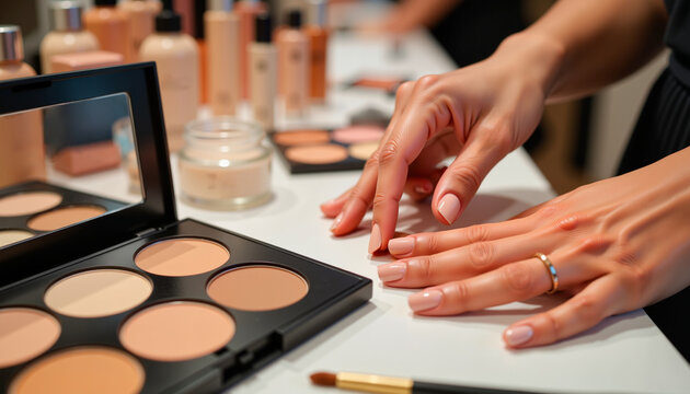 Woman testing makeup foundation in beauty boutique, upscale elegance
