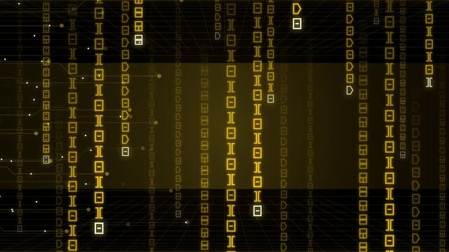 Yellow digital matrix rain cyber circuit network background loop