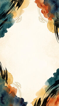 Abstract Teal and Orange Border with Ornamental Corners and an Open Ivory Center
