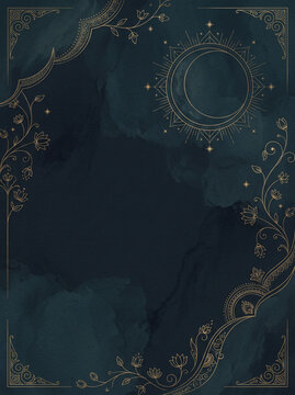 Dark Teal Celestial Border with Fine Gold Filigree and an Ornamental Circular Motif