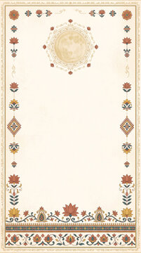 Vertical Ivory Decorative Frame with Golden Medallion and Symmetrical Floral Columns