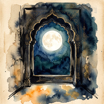 Full Moon Framed by an Ornamental Pointed Arch in Deep Blue and Ochre Tones