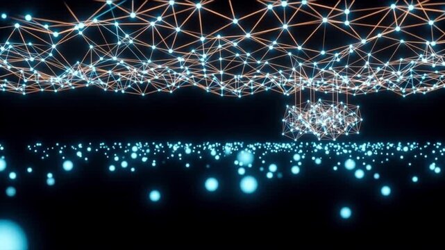 サイバースペースの量子神経網データハブへ直進接近するCG背景動画