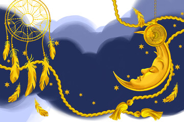 The crescent moon sleeping in the dark-blue clouds with stars and dreams catcher near it. Hand drawn illustration for children's design © ARTBRUSH