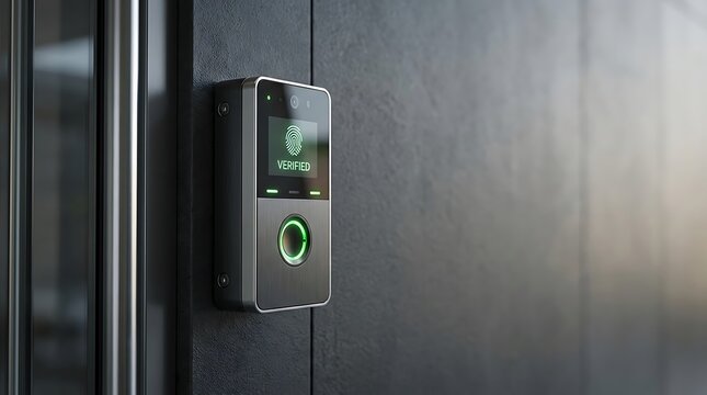 Biometric fingerprint scanner for secure building access control system.
