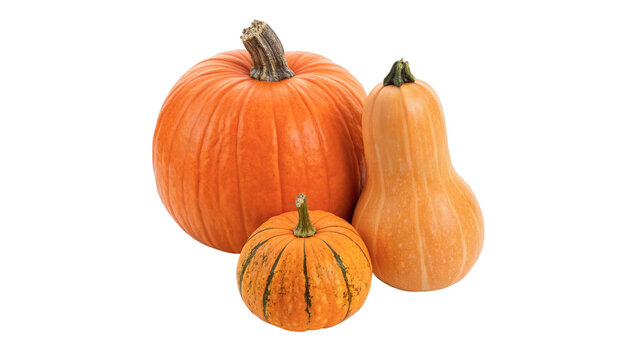 Group of different pumpkins and gourds autumn harvest holiday decorations, isolated on transparent background.