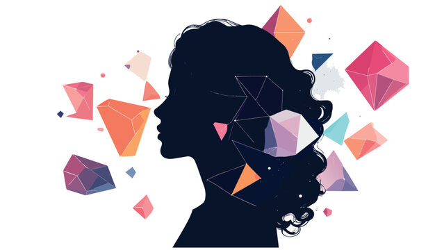  Dark silhouette of a woman head profile surrounded by exploding colorful abstract geometric triangles