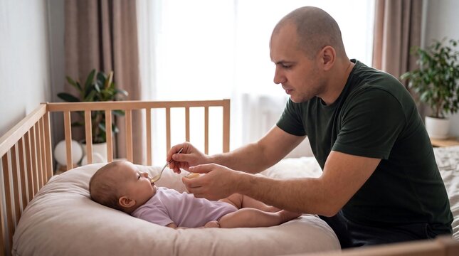 A caring father gently feeds his infant baby with a spoon while the baby lies comfortably in a soft nest inside a wooden crib in a bright room.