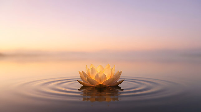 Serene lotus flower floating on tranquil water at sunset