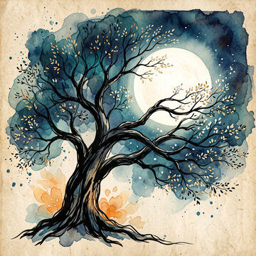 Twisting Tree Silhouette Against a Luminous Full Moon and Teal Night Sky