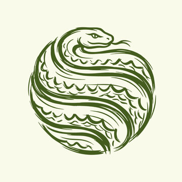 Coiled Green Snake Logo Vector - Circular Serpent Mascot and Ink Sketch Emblem for Eco Brand, Security, Wildlife, and Sports Team Identity