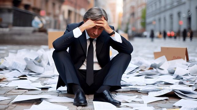 Businessman in Suit Sitting in Street Surrounded by Paperwork Chaos
