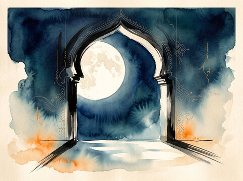 Luminous Full Moon Seen Through a Pointed Architectural Arch in Deep Blue and Teal