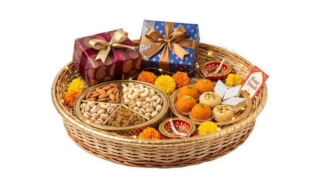 Traditional Diwali gift hamper with assorted dry fruits and sweets, festive Indian gift basket with mithai, decorative wicker tray for celebration
