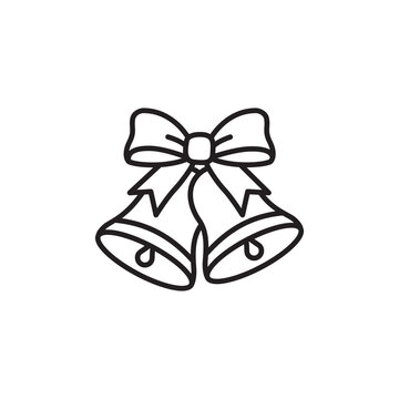 Black and white line icon of a pair of Christmas jingle bells tied with a ribbon bow. 