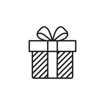 Line icon of a wrapped present gift box with diagonal stripes and a ribbon bow.