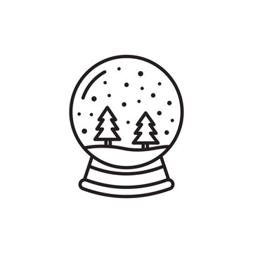 Line icon of a magical snow globe containing tiny pine trees and falling snow.