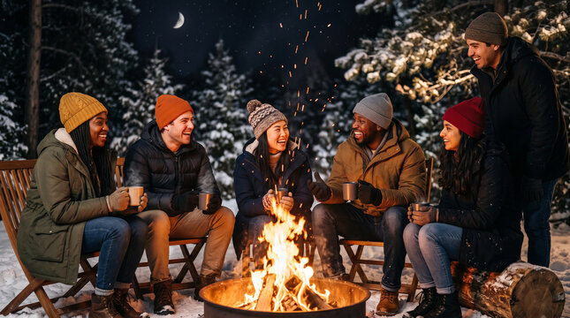 Friends gathered around a bonfire in snow during winter getaways  