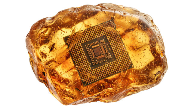 Translucent golden amber fossil with embedded computer chip, microchip preserved in ancient resin, conceptual technology evolution and history