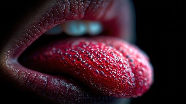 Close-up of Tongue with Sugar Crystals and Lips.